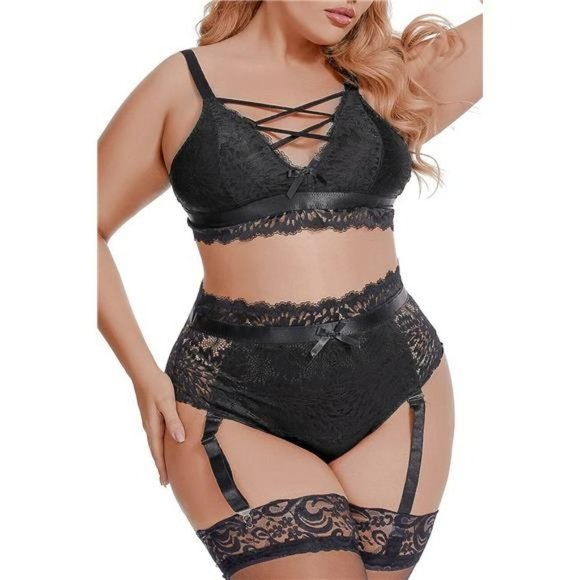 Sexy Women's Plus Size Black Floral Lace Lingerie  High Waisted Suspender Set - Picture 5 of 7